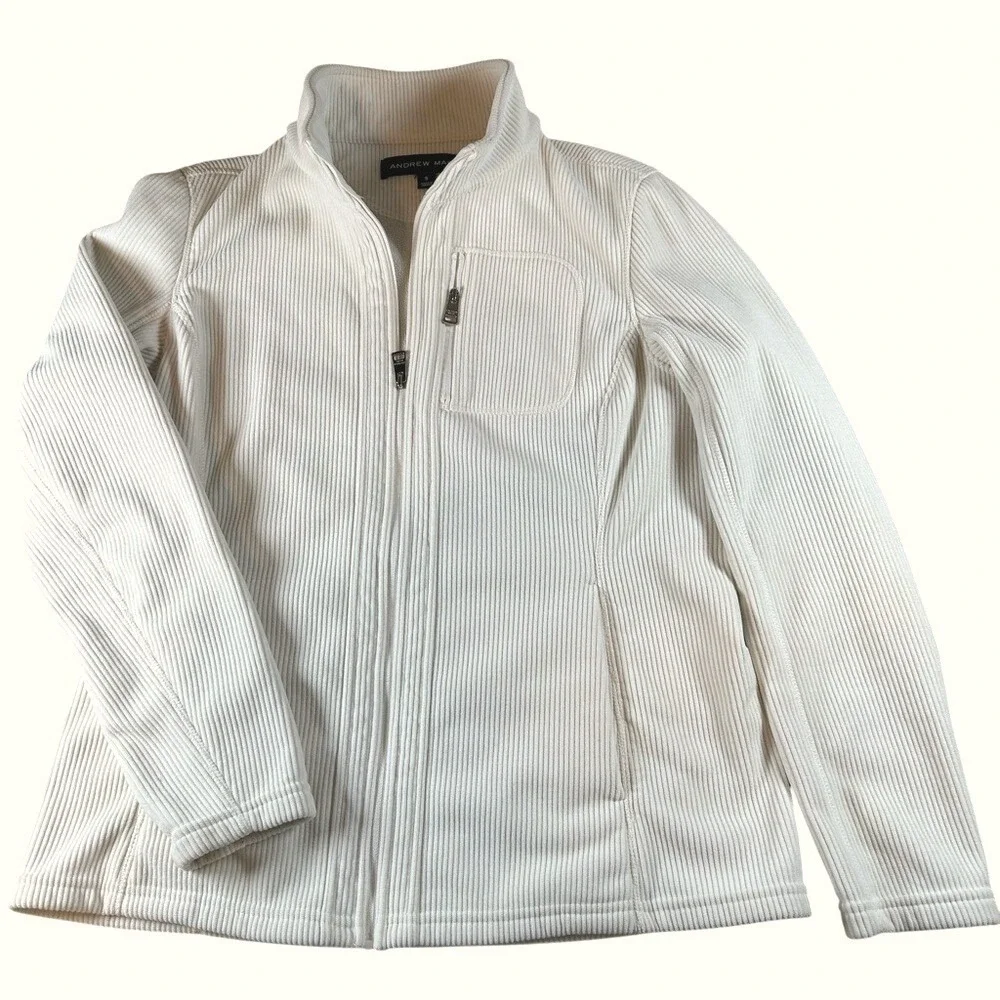 Andrew Marc Cream Ribbed‎ Jacket Women's Small Full Zip Quiet Luxury Minimalist